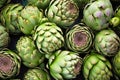 Fresh artichokes on display at a farmers market. Generative AI Royalty Free Stock Photo