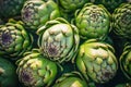 Fresh artichokes on display at a farmers market. Generative AI Royalty Free Stock Photo