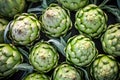 Fresh artichokes on display at a farmers market. Generative AI Royalty Free Stock Photo