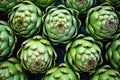 Fresh artichokes on display at a farmers market. Generative AI Royalty Free Stock Photo