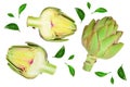 Fresh Artichokes and half isolated on white background closeup. Top view. Flat lay, Royalty Free Stock Photo