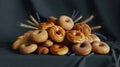 Fresh Artisan Breads and Bagel with Wheat on Dark Background Royalty Free Stock Photo