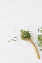 Fresh arugula and basil sprouts on ceramic spoon and on white wood. Arugula and basil microgreens Royalty Free Stock Photo