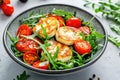 Fresh arugula salad with grilled halloumi and cherry tomatoes on a light textured background Royalty Free Stock Photo