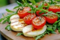 Fresh arugula salad with grilled halloumi and cherry tomatoes on a light textured background Royalty Free Stock Photo