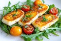 Fresh arugula salad with grilled halloumi and cherry tomatoes on a light textured background Royalty Free Stock Photo