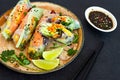 Fresh Asian appetizer Spring rolls Nem made from rice paper and raw vegetables and herbs with hot sauce on a dark background. Royalty Free Stock Photo