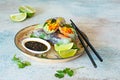 Fresh Asian appetizer Spring rolls Nem made from rice paper and raw vegetables and herbs with hot sauce Royalty Free Stock Photo