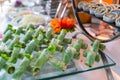 Fresh Asian spring rolls with shrimps, vegetables, fruit...on buffet table Royalty Free Stock Photo