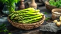 Fresh asparagus bunches wrapped in burlap on a wooden table,. Generated AI Royalty Free Stock Photo