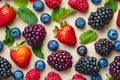 Fresh Assorted Berries with Mint Leaves on Neutral Background - Strawberry, Blueberry, Raspberry, Blackberry Royalty Free Stock Photo