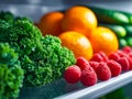 Fresh assorted fruits and vegetables display with leafy greens, oranges, cucumbers, and raspberries Royalty Free Stock Photo