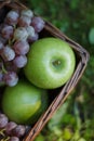 fresh assorted fruits in a wooden box, apples, grapes, close-up Royalty Free Stock Photo