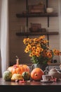 Fresh assorted pumpkins and squash on the table at country house Royalty Free Stock Photo