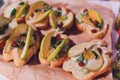 Fresh Assorted snacks of canape on the table. Royalty Free Stock Photo