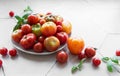 Fresh assorted tomatoes arranged on a white plate with green basil leaves in a bright kitchen setting Royalty Free Stock Photo