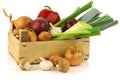 Fresh assorted vegetables in a wooden crate