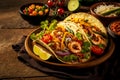 fresh authentic tacos with shrimp and grilled vegetables