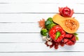 Fresh autumn vegetables and fruits on white wooden background. Healthy food. Top view. Royalty Free Stock Photo