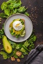 Fresh avocado breakfast with egg poached sandwich. Green salad a