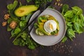 Fresh avocado breakfast with egg poached sandwich. Green salad a