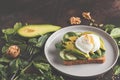 Fresh avocado breakfast with egg poached sandwich. Green salad a