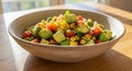 Fresh Avocado Corn and Tomato Salad in a Wooden Bowl Royalty Free Stock Photo