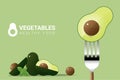 Fresh avocado on fork with pile of avocados background , healthy food concept