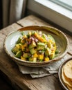 Fresh avocado mango salad with red onion and cilantro in a rustic bowl on a wooden table Royalty Free Stock Photo
