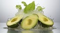 Fresh avocado and mint leaves in water. Skin care and cosmetics ingredients concept.