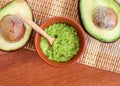 Fresh avocado puree in a small clay bowl. Guacamole, homemade face mask, natural beauty treatment and spa recipe. Top view
