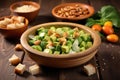 fresh avocado salad with crunchy croutons on wooden table