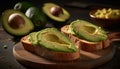 Fresh avocado slice, gourmet guacamole, healthy vegetarian snack on bread generated by AI