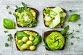Fresh avocado toasts with different toppings. Healthy vegetarian breakfast with rye wholegrain sandwiches. Royalty Free Stock Photo