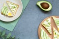 Fresh avocado toasts with different toppings. Healthy vegetarian breakfast with rye wholegrain sandwiches, top view Royalty Free Stock Photo