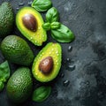 Avocados With Leaves and Water Droplets on Dark Surface. Generative AI Royalty Free Stock Photo