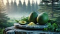 Ripe Avocados with Fresh Herbs on Rustic Stone, Nature Background Royalty Free Stock Photo