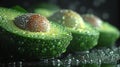 Fresh avocados with water droplets on dark background Royalty Free Stock Photo