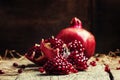 Fresh azerbaijan pomegranate, still life in rustic style, vintag Royalty Free Stock Photo