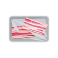 Fresh bacon packaging, food plastic tray container with transparent cellophane cover vector Illustration on a white Royalty Free Stock Photo