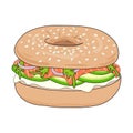 Fresh bagel sandwich with cream cheese, salmon, avocado, rucola and onions. Sesame seeds on top. Vector illustration.