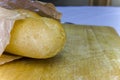 Fresh Baguette in a paper bag closeup copy space