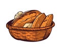 Fresh baguette in rustic bread basket illustration Royalty Free Stock Photo