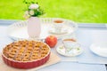 Fresh baked apple pie, cup of tea and flowers on a table Royalty Free Stock Photo