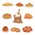 Fresh baked bread and bakery pastry products set, loaf, sweet buns, croissant, bagels vector Illustration on a white