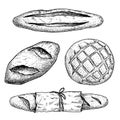 Fresh baked bread set. French baguette, loaf buns, bun with paper package. Top view. Hand drawn sketch style illustrations for bak Royalty Free Stock Photo