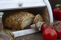 Fresh baked Bread in wooden breadbox Royalty Free Stock Photo