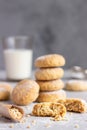 Fresh baked butter cookies with peanut sprinkled with powdered sugar. Light grey stone background. Royalty Free Stock Photo