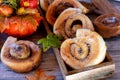 Cinnamon rolls with autumn decoration