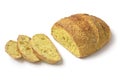 Fresh baked corn bread loaf and slices on white background close up Royalty Free Stock Photo